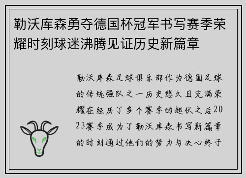 勒沃库森勇夺德国杯冠军书写赛季荣耀时刻球迷沸腾见证历史新篇章